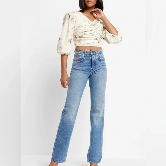 Express Floral Puff Sleeve Ruched Cropped Top NWT - Picture 3 of 14